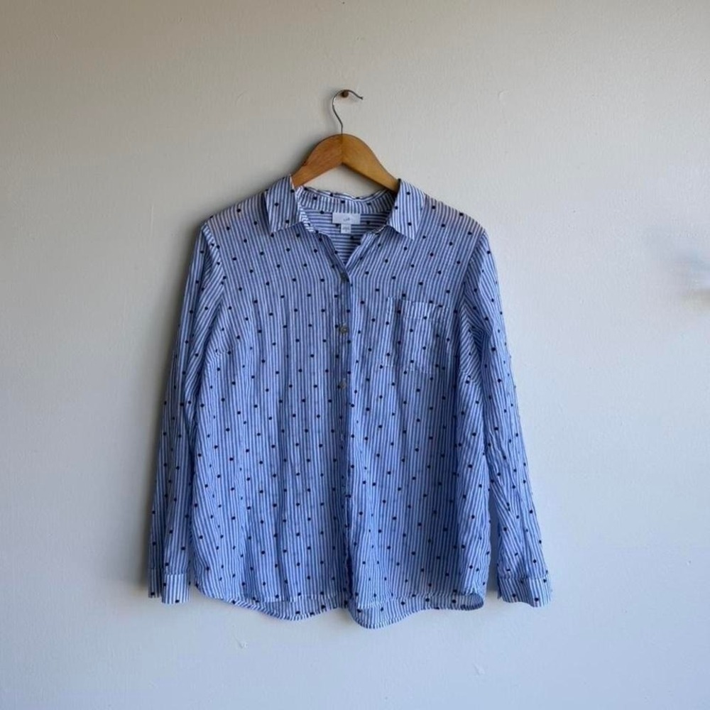 Jill blue striped cotton button up shirt with polka dots.